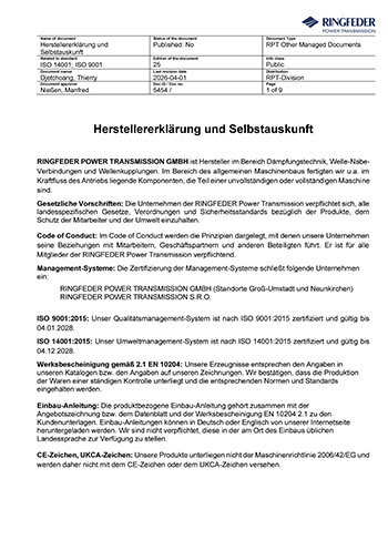 Herstellererklärung & Selbstauskunft RINGFEDER POWER TRANSMISSION