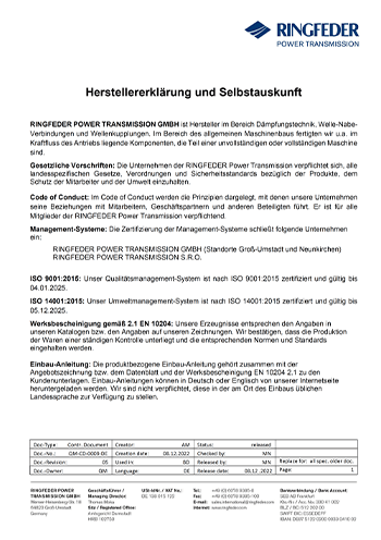 Herstellererklärung & Selbstauskunft RINGFEDER POWER TRANSMISSION