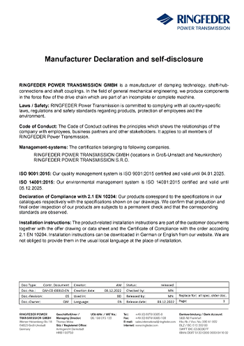 Manufacturer Declaration & Self Disclosure RINGFEDER POWER TRANSMISSION
