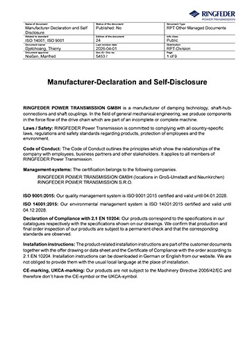 Manufacturer Declaration & Self Disclosure RINGFEDER POWER TRANSMISSION